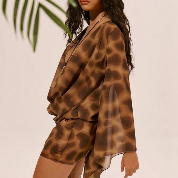 Coffee Brown Women's sheer Chiffon Long Sleeve Plunge Cowl Neck ultra Mini Dress - Picture 2 of 5